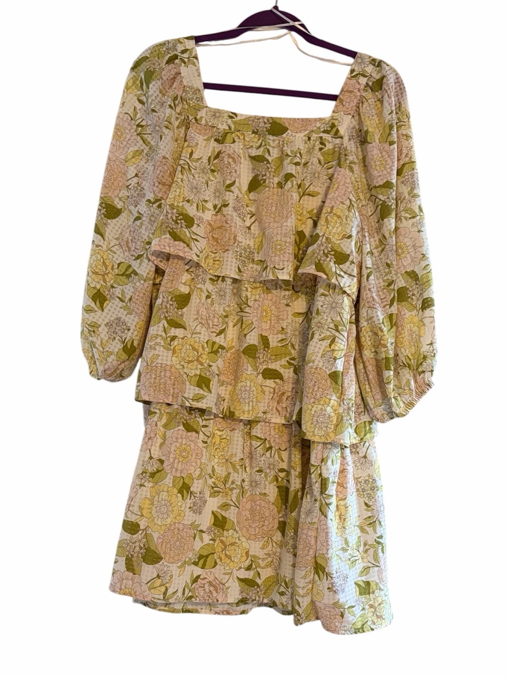Who What Wear Floral Tiered Mini Dress Medium Puff Sleeve‎ Square Neck M
